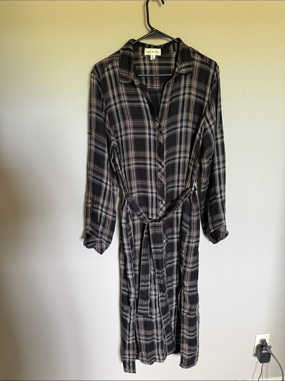 cloth & stone Black and Gray Plaid Button-Front Shirt Dress